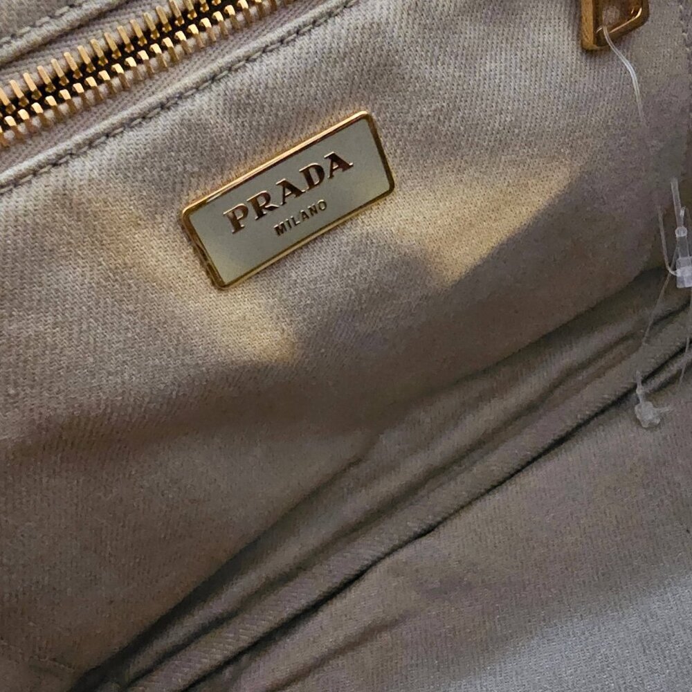 Prada Women's Beige Enameled Metal Triangle Canapa Tote Bag With Twilly - Picture 12 of 16